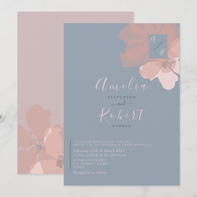 Convite Casamento Boho Aquarela Rosa Azul Poeira (Frente/Verso)