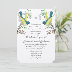 Convite Casamento Boho Arbor de Aves Vintage Azul e Amarel