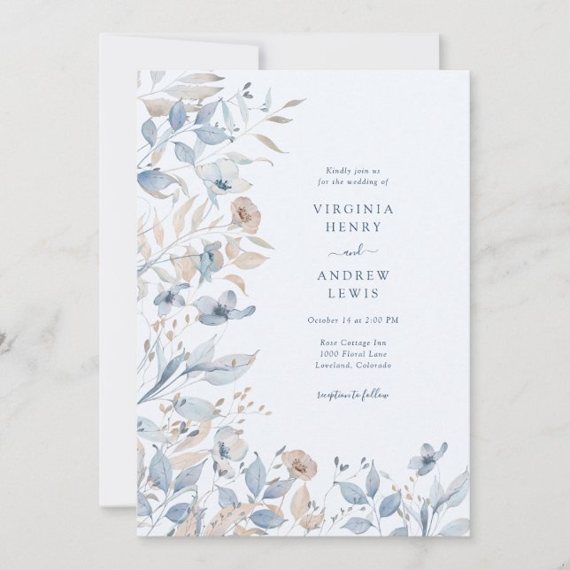 Convite Casamento Boho Azul de Flor Silvestre (Frente)