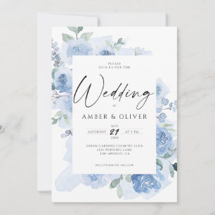 Convite Casamento Boho Azul Elegante Floral Pó Azul Claro