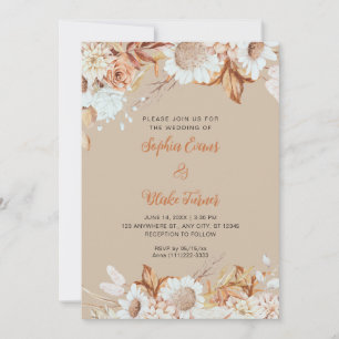 Convite Casamento Boho Baunilha Marrom Branco Flores Rústi