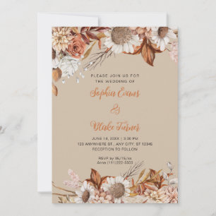 Convite Casamento Boho Baunilha Marrom Branco Flores Rústi