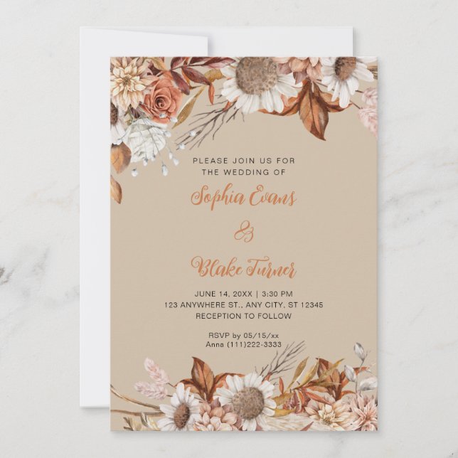 Convite Casamento Boho Baunilha Marrom Branco Flores Rústi (Frente)