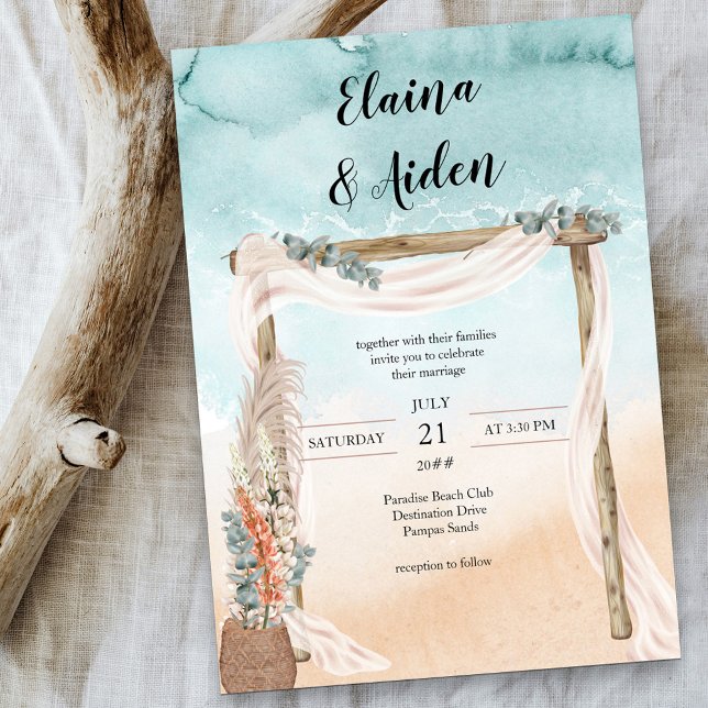 Convite Casamento Boho Beach Arbor Aquarela Oceano (Criador carregado)