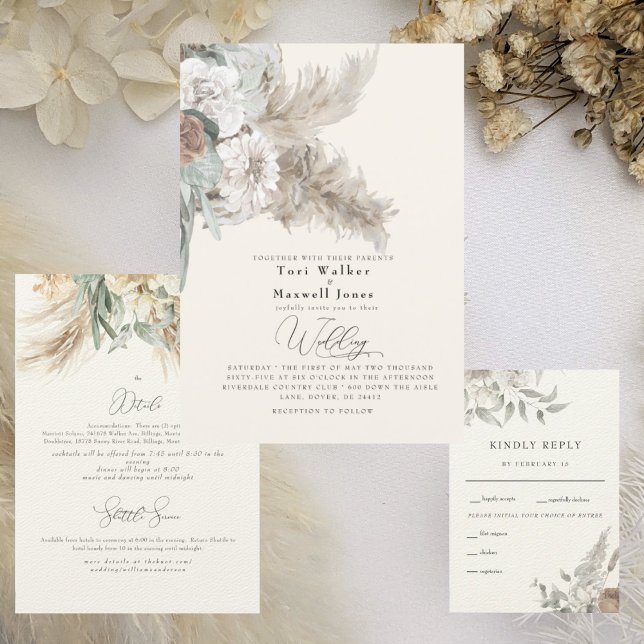 Convite Casamento Boho Beige Pampas Sem Pais (Criador carregado)