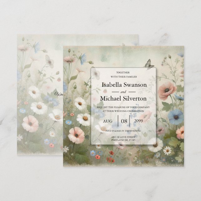 Convite Casamento Boho Blooms e Juramentos Vintage (Frente/Verso)