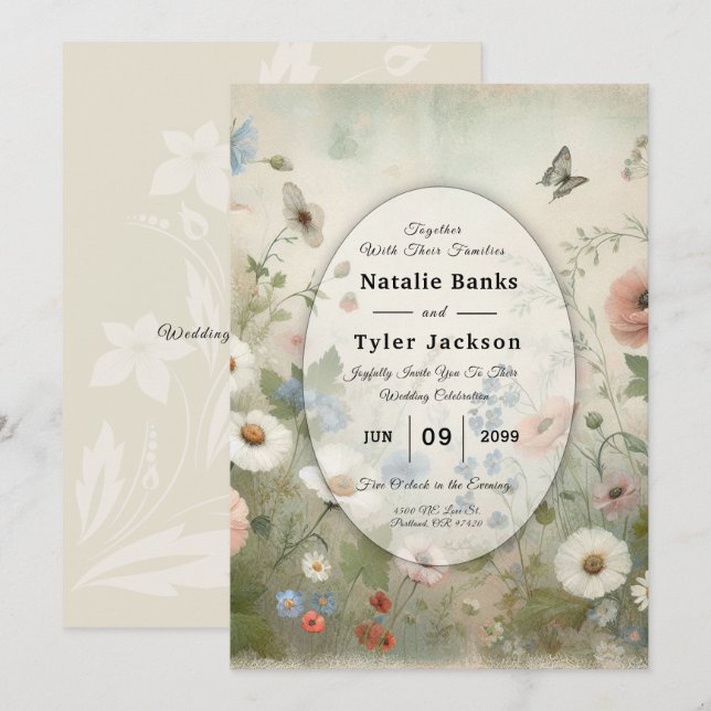 Convite Casamento Boho Blooms e Juramentos Vintage (Frente/Verso)