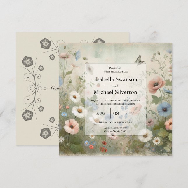 Convite Casamento Boho Blooms e Promessas Vintage (Frente/Verso)
