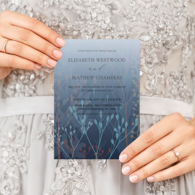 Convite Casamento Boho Blue com Ervas Daninhas e Folhagens (Criador carregado)