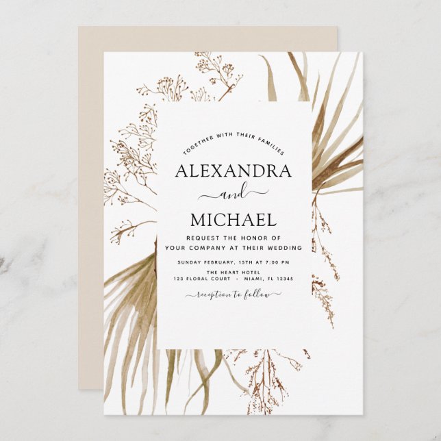 Convite Casamento Boho Bohemian Pampas Grass (Frente/Verso)