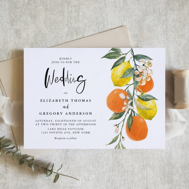 Convite Casamento Boho Botânico com Limões e Laranjas (Boho Botanical Lemons and Oranges Garland Wedding Invitation)