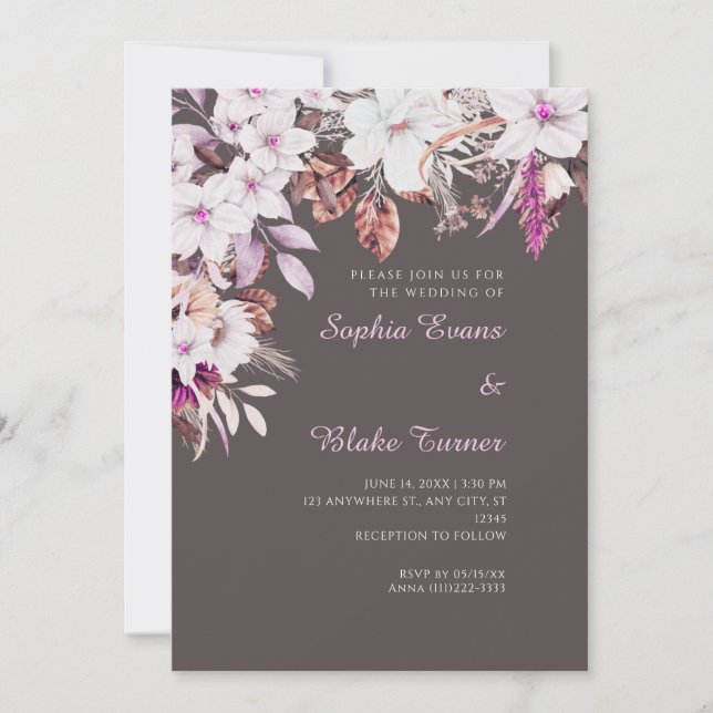 Convite Casamento Boho Branco e Rosa Floral Cinza Cinza Ou (Frente)