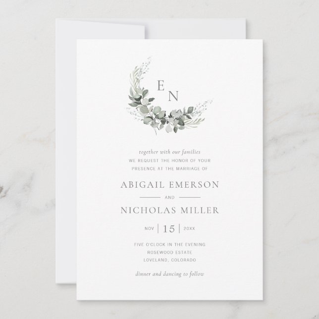 Convite Casamento Boho Chic com Eucalipto em Aquarela (Frente)