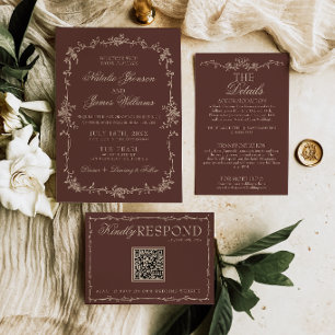 Convite Casamento Boho Chocolate Marrom Floral Old Money C