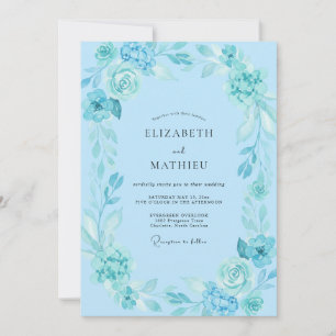 Convite Casamento Boho Ciano com Folhas em Aquarela