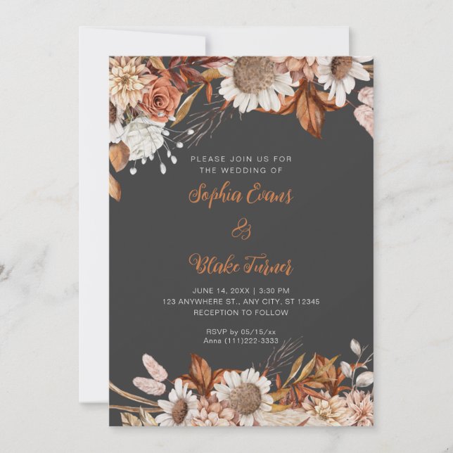 Convite Casamento Boho Cinza Flores Brancas Marrom Rústico (Frente)