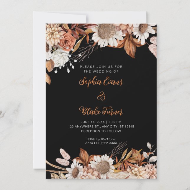 Convite Casamento Boho Cinza Flores Brancas Marrom Rústico (Frente)