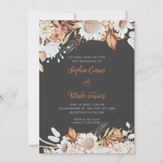 Convite Casamento Boho Cinza Flores Brancas Marrom Rústico (Frente)