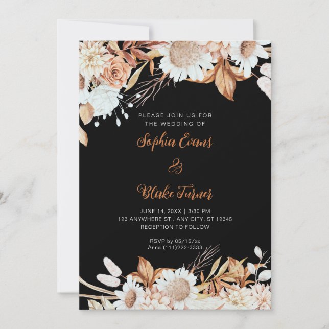 Convite Casamento Boho Cinza Flores Brancas Marrom Rústico (Frente)