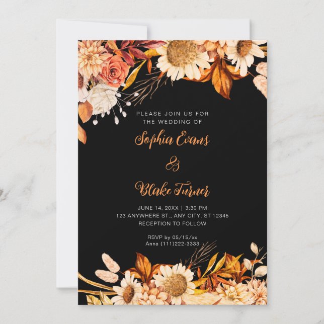 Convite Casamento Boho Cinza Flores Laranja Brancas Rústic (Frente)