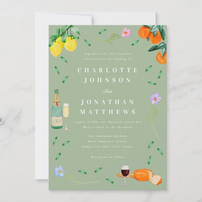 Convite Casamento Boho Citrus & Vinho em Verde Sage (Frente)