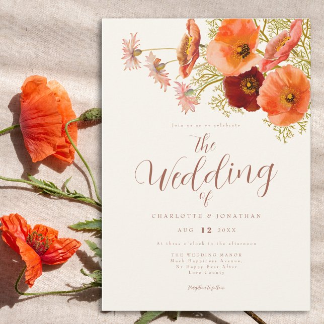 Convite Casamento Boho com Flores Silvestres (Boho wildflower wedding invitation with elegant script orange and brown watercolor florals)