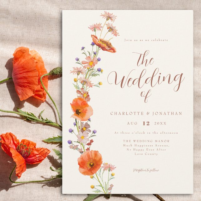 Convite Casamento Boho com Flores Silvestres (Elegant watercolor floral orange wedding invitation)