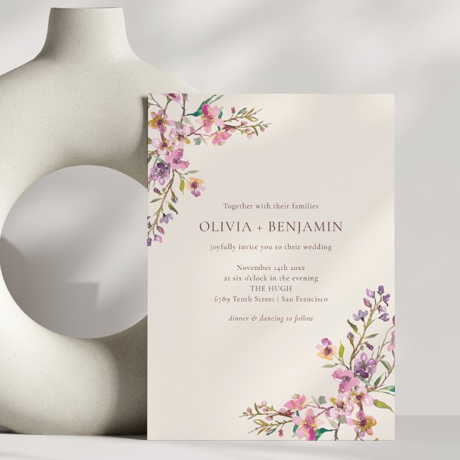 Convite Casamento Boho com Flores Silvestres Rosa Roxo Cap (Criador carregado)