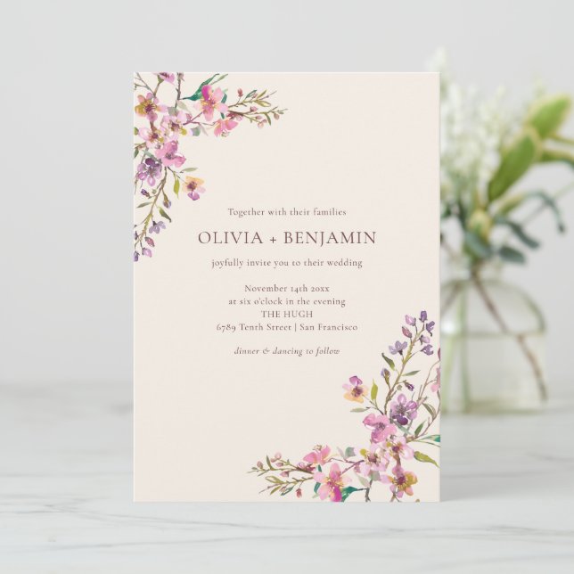 Convite Casamento Boho com Flores Silvestres Rosa Roxo Cap (Em pé/Frente)