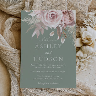 Convite Casamento Boho com Rosas Blush & Sage
