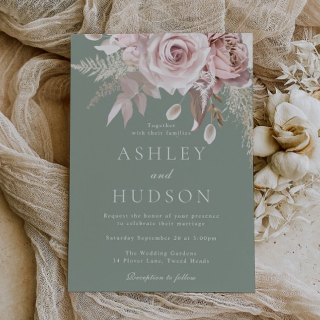 Convite Casamento Boho com Rosas Blush & Sage (Criador carregado)