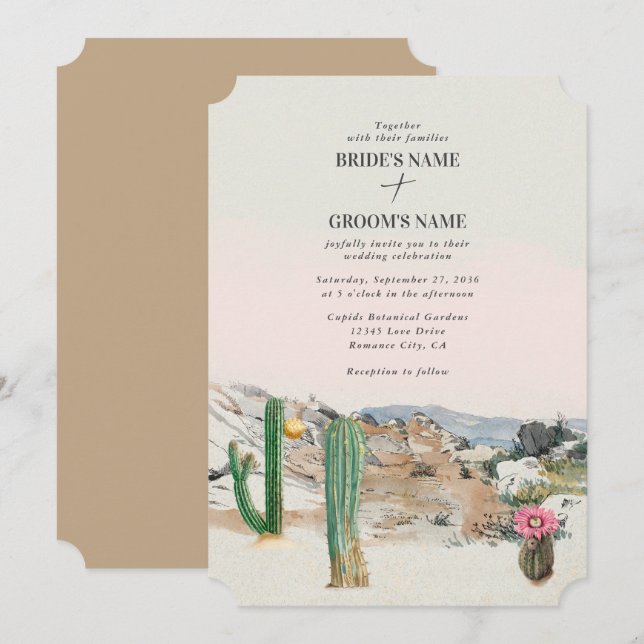 Convite Casamento Boho de Cacto no Deserto em Aquarela (Frente/Verso)
