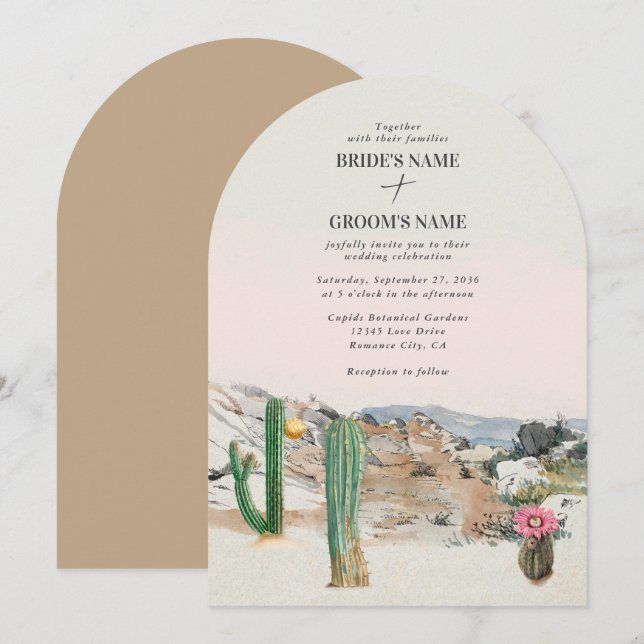 Convite Casamento Boho de Cacto no Deserto em Aquarela (Frente/Verso)
