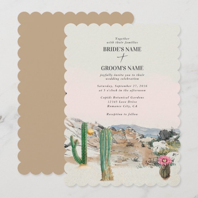 Convite Casamento Boho de Cacto no Deserto em Aquarela (Frente/Verso)