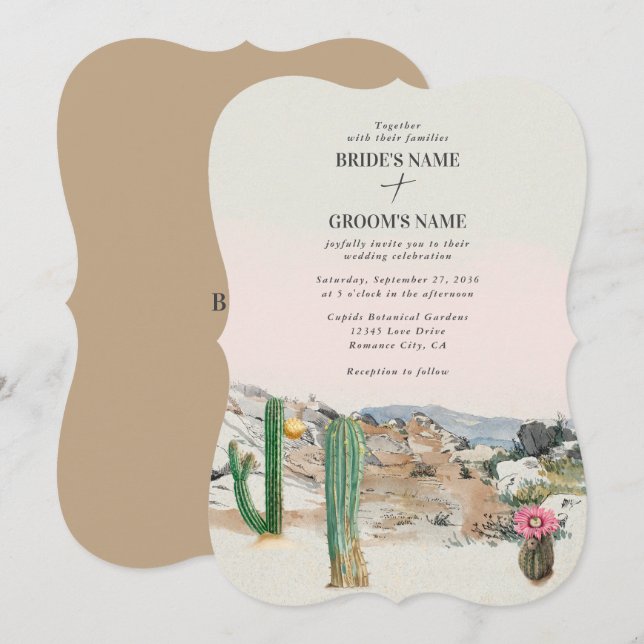 Convite Casamento Boho de Cacto no Deserto em Aquarela (Frente/Verso)