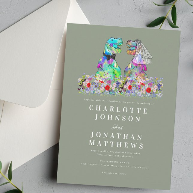 Convite Casamento Boho de Dinossauro com Flores Silvestres (Elegant Wildflower meadow boho rustic  Dinosaur sage green wedding invitation T-Rex bride & groom )