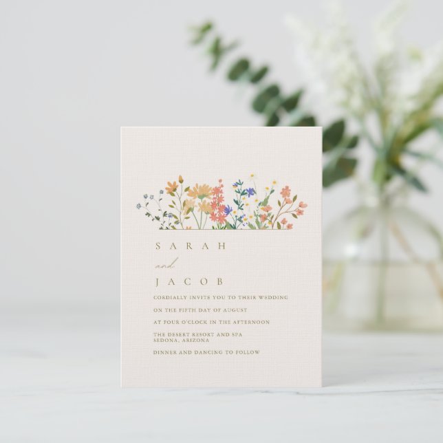 Convite Casamento Boho de Flores Silvestres de Verão (Em pé/Frente)