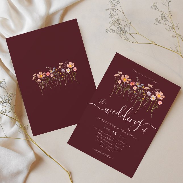 Convite Casamento Boho de Flores Silvestres em Borgonha e  (Elegant wildflower meadow watercolor floral burgundy blush pink wedding invitation)