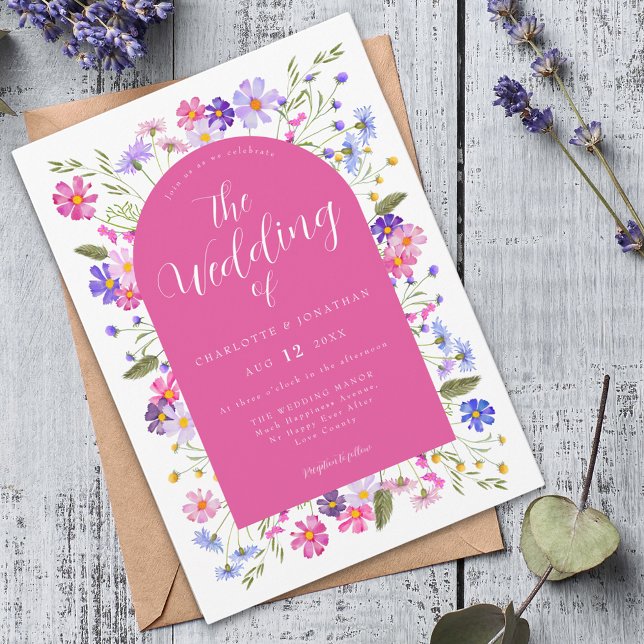 Convite Casamento Boho de Flores Silvestres Vibrantes (Wildflower boho hot pink script wedding invitation )