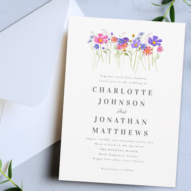 Convite Casamento Boho de Flores Silvestres Vibrantes e Co (Elegant colorful vibrant wildflower floral wedding invitation)