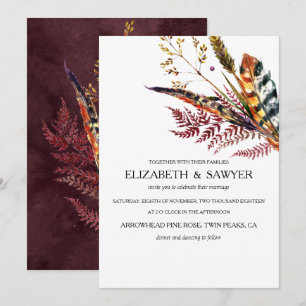 Convite Casamento Boho de Outono com Borgonha e Laranja