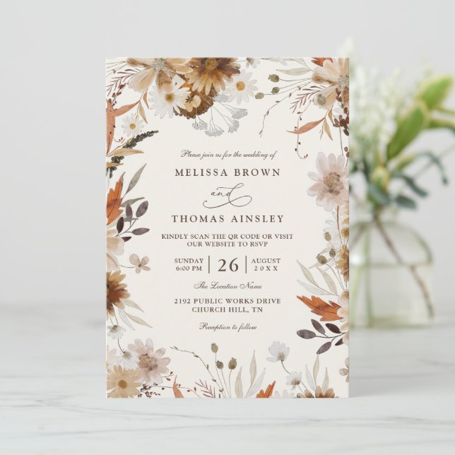 Convite Casamento Boho de Outono com Flor Silvestre Bege C (Em pé/Frente)