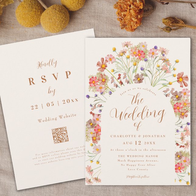 Convite Casamento Boho de Outono com Flores Silvestres (Boho fall Wildflower floral arch elegant script Wedding invitation terracotta burnt orange beige )