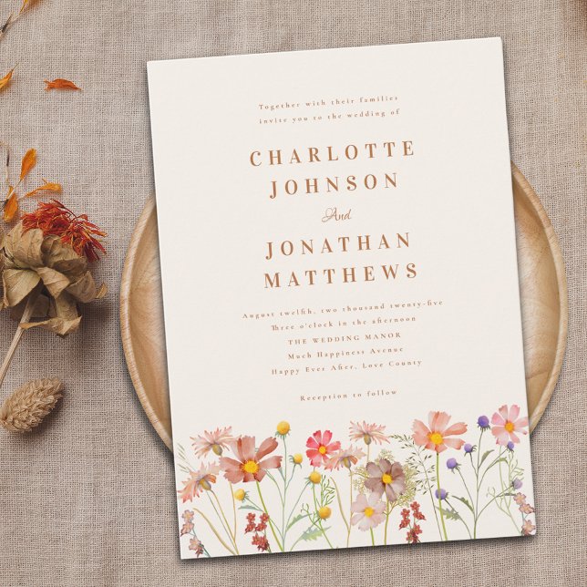Convite Casamento Boho de Outono com Flores Silvestres (Boho fall Wildflower meadow Wedding invitation rustic country meadow watercolor florals burnt orange)