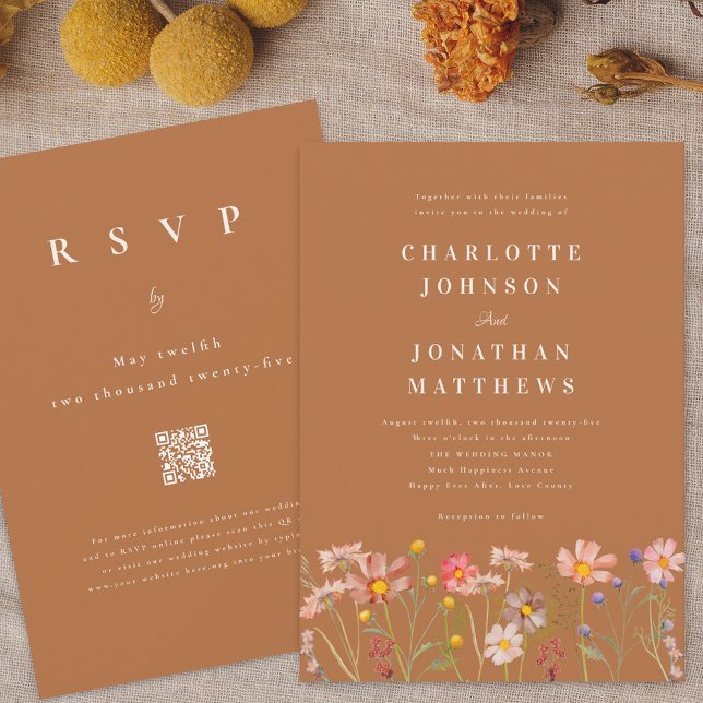 Convite Casamento Boho de Outono com Flores Silvestres (Boho fall Wildflower terracotta Wedding invitation with RSVP online website qr code)