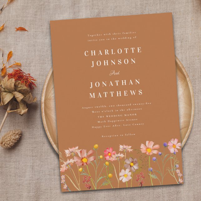 Convite Casamento Boho de Outono com Flores Silvestres (Boho fall Wildflower terracotta Wedding invitation rustic country garden elegant typography)