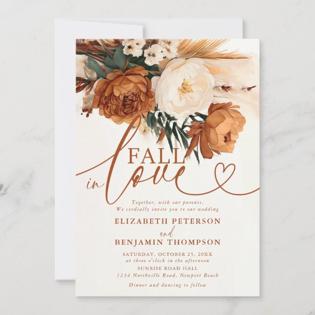 Convite Casamento Boho de Outono em Tons de Laranja Queima (Frente)