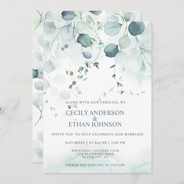 Convite Casamento Boho Dusty Blue & Sage Green Eucalyptus (Frente/Verso)