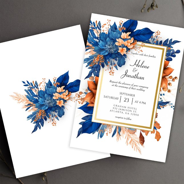 Convite Casamento Boho Elegante Terracota Laranja Azul Cob (Cobalt Blue Orange Terracotta Boho Elegant Wedding Invitation)