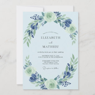 Convite Casamento Boho em Azul Claro com Folhas